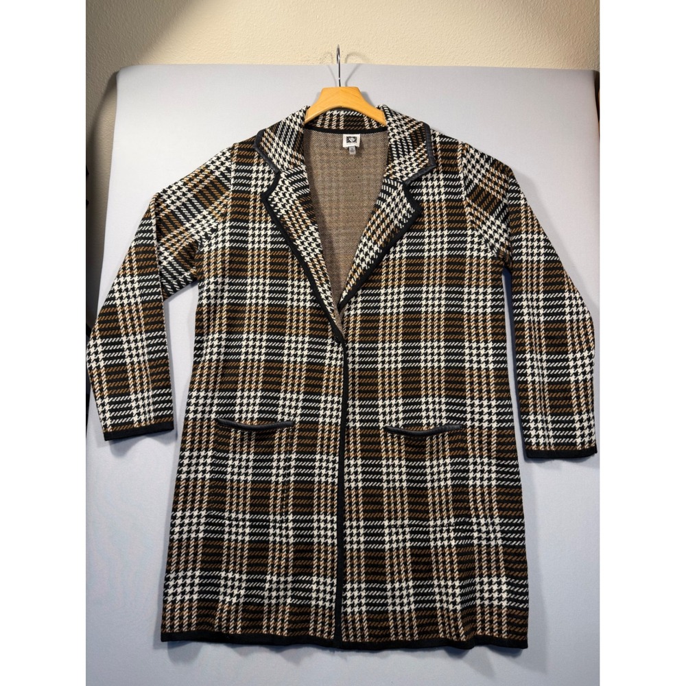 Anne Klein Women XL Plaid Houndstooth Longline Cardigan Jacket Faux Leather Trim